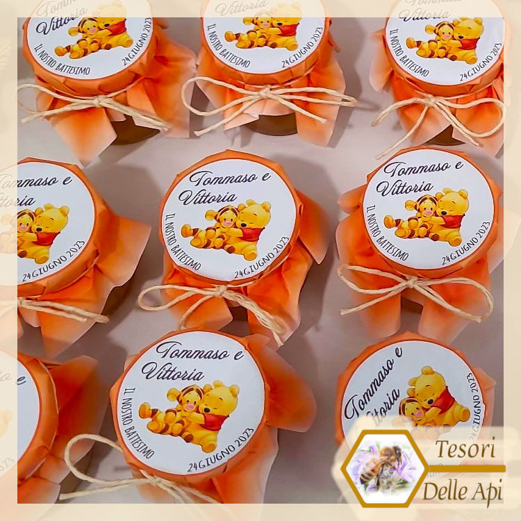 Bomboniere Miele Battesimo orso tigre arancio copritappo personalizzato Bomboniere Miele Battesimo orso tigre arancio copritappo personalizzato