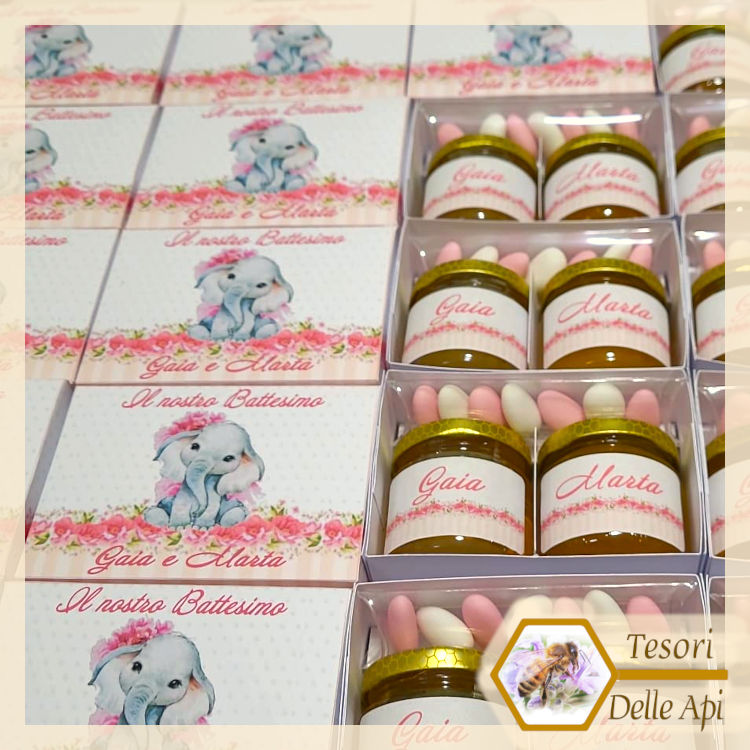 Bomboniere Miele Battesimo elefantino rosa bimba confetti mandorla scatolina personalizzata Bomboniere Miele Battesimo elefantino rosa bimba confetti mandorla scatolina personalizzata