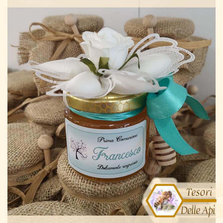Modello 12 Bomboniera Miele Prima Comunione Cresima Fiore confetti Spargimiele Vaso Miele 125g Modello 12 Bomboniera Miele Prima Comunione Cresima Fiore confetti Spargimiele Vaso Miele 125g