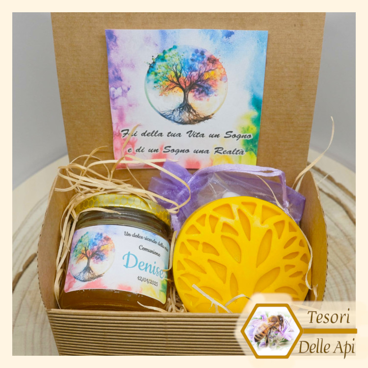 Modello 78 Prima Comunione Battesimo Cresima Bomboniera Miele Con albero della vita in cera d'api e sacchetto confetti Modello 78 Prima Comunione Battesimo Cresima Bomboniera Miele Con albero della vita in cera d'api e sacchetto confetti