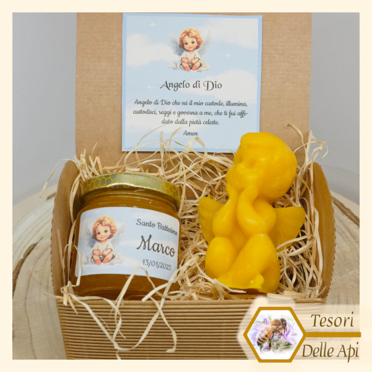 Modello 79 Prima Comunione Cresima Bomboniera Miele Battesimo Con angelo in cera d'api Bauletto in cartoncino avana Modello 79 Prima Comunione Cresima Bomboniera Miele Battesimo Con angelo in cera d'api Bauletto in cartoncino avana
