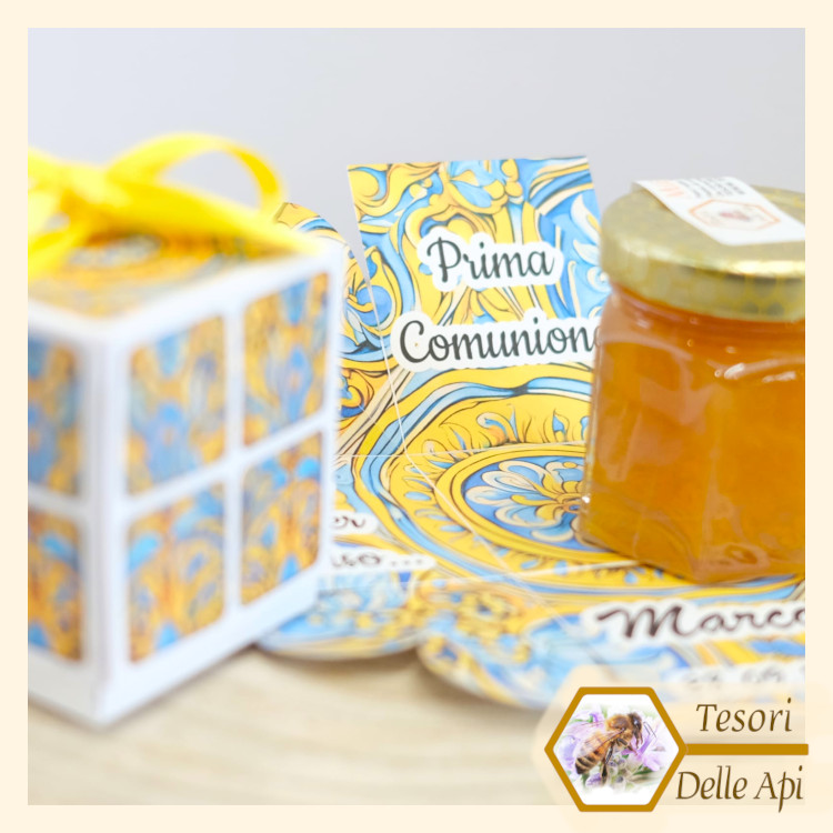 Bomboniere Miele Battesimo Prima Comunione Cresima Vasetto esagonale 50g Miele Millefiori Bomboniere Miele Battesimo Prima Comunione Cresima Vasetto esagonale 50g Miele Millefiori